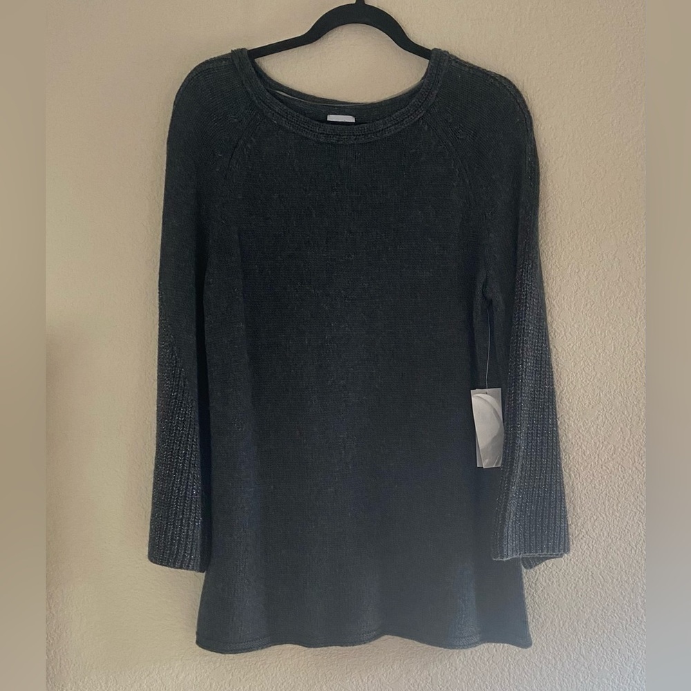 Chico’s Cashmere Wool Blend Glitter Stitch Detail Sweater Bell Sleeve Gray Sz L